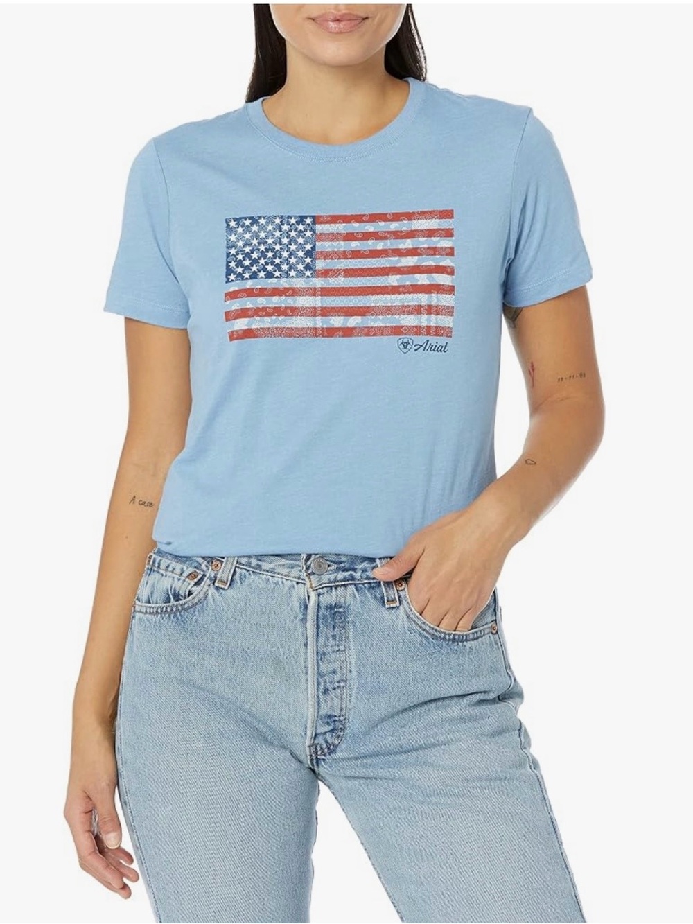 Ariat Women’s Light Blue Short-Sleeve Tee with Pasiley Flag Graphic